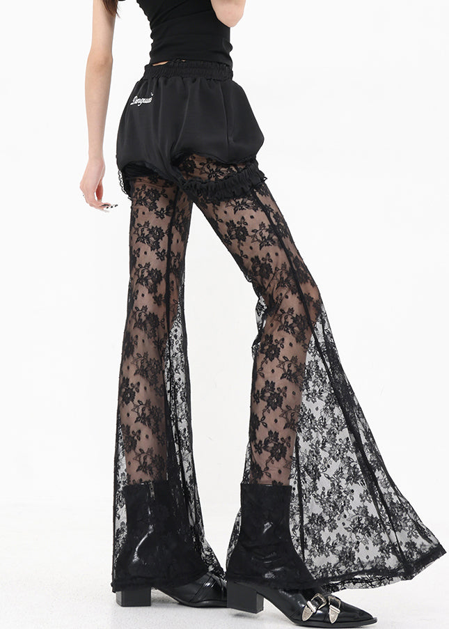 Chic Black False Two Pieces Patchwork Lace Flared Trousers Summer