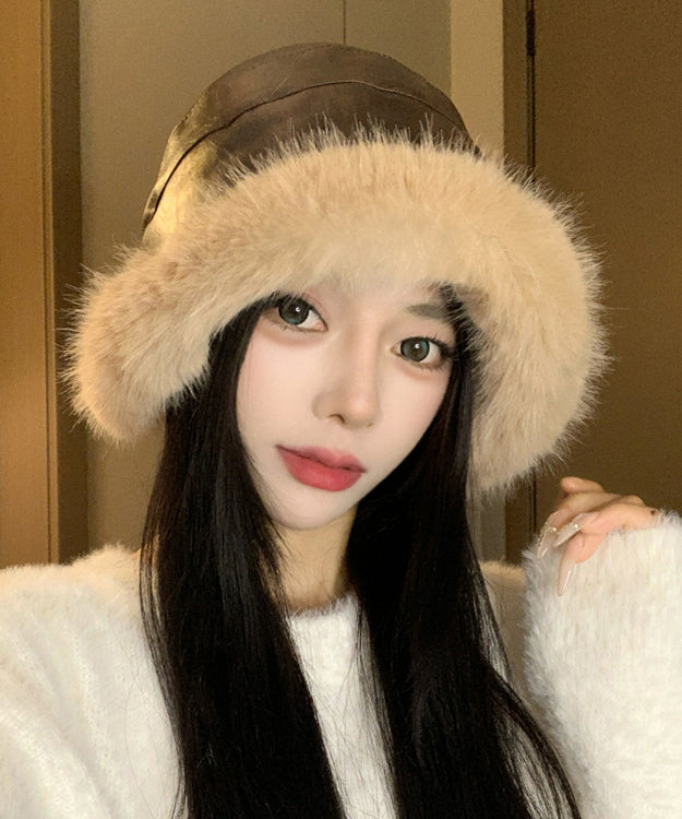 Chic Black Faux Leather Thick Warm Fleece Bucket Hat