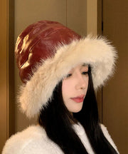 Chic Black Faux Leather Thick Warm Fleece Bucket Hat