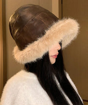 Chic Black Faux Leather Thick Warm Fleece Bucket Hat