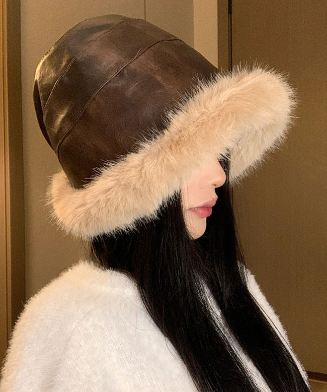 Chic Black Faux Leather Thick Warm Fleece Bucket Hat