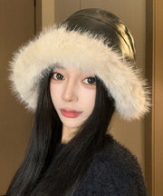 Chic Black Faux Leather Thick Warm Fleece Bucket Hat