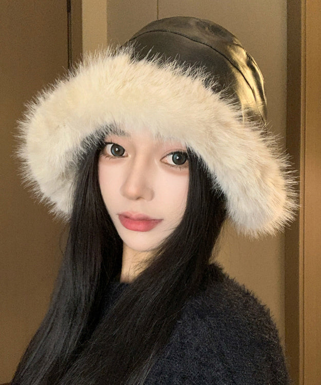 Chic Black Faux Leather Thick Warm Fleece Bucket Hat