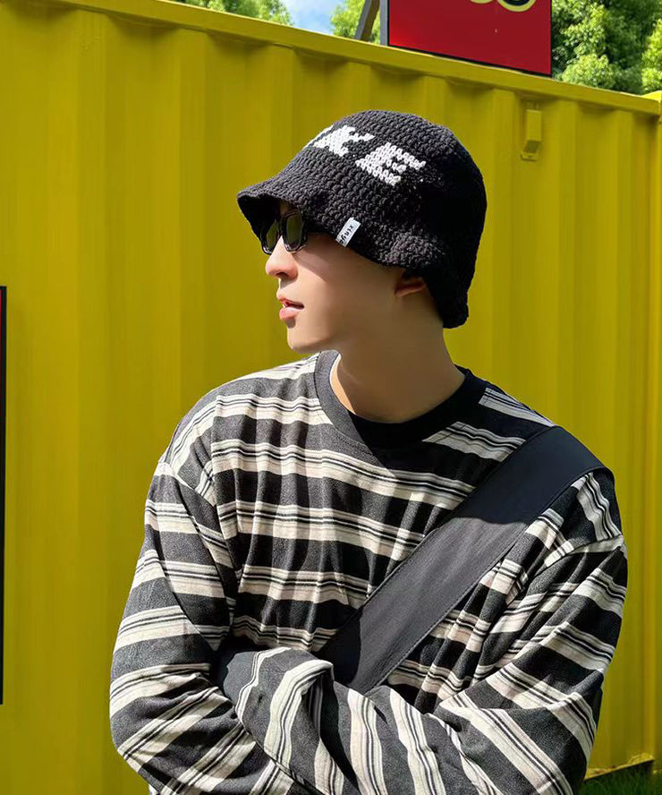 Chic Black Graphic Men Knit Bucket Hat Spring Winter