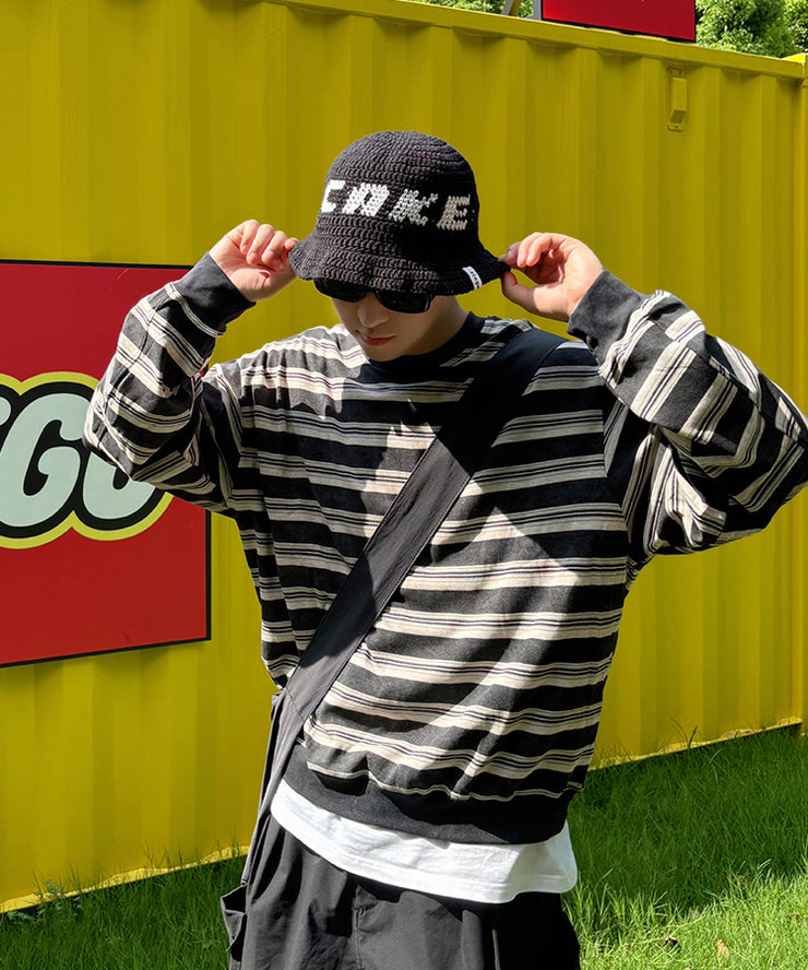 Chic Black Graphic Men Knit Bucket Hat Spring Winter