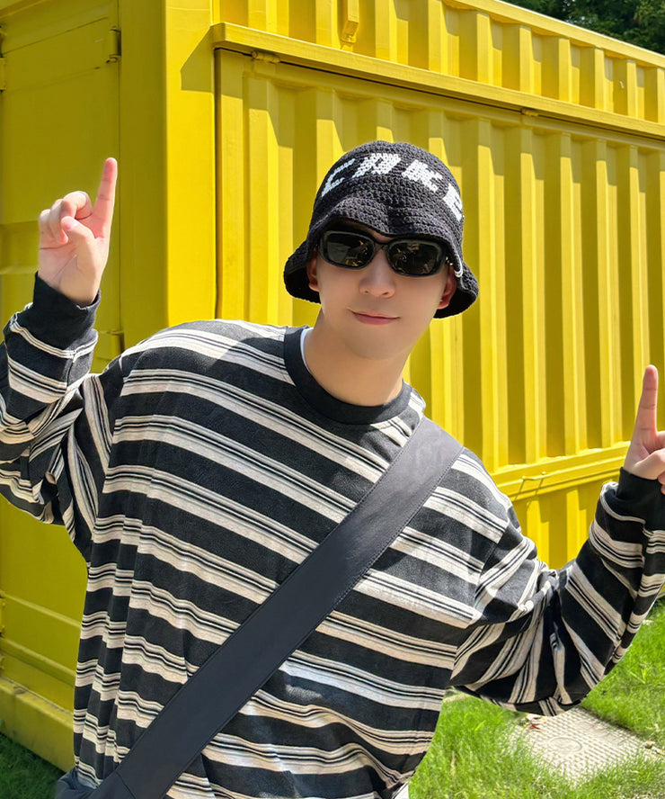 Chic Black Graphic Men Knit Bucket Hat Spring Winter