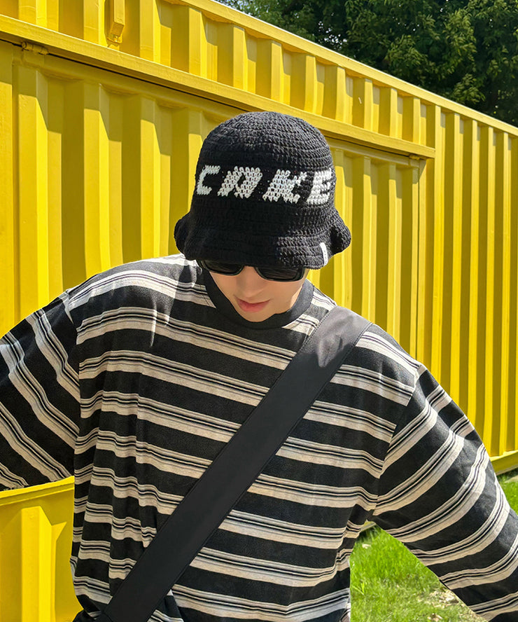 Chic Black Graphic Men Knit Bucket Hat Spring Winter