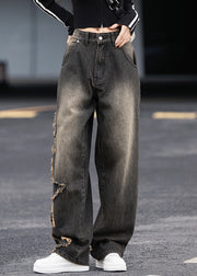 Chic Black Grey Pockets Patchwork Denim Pants Fall