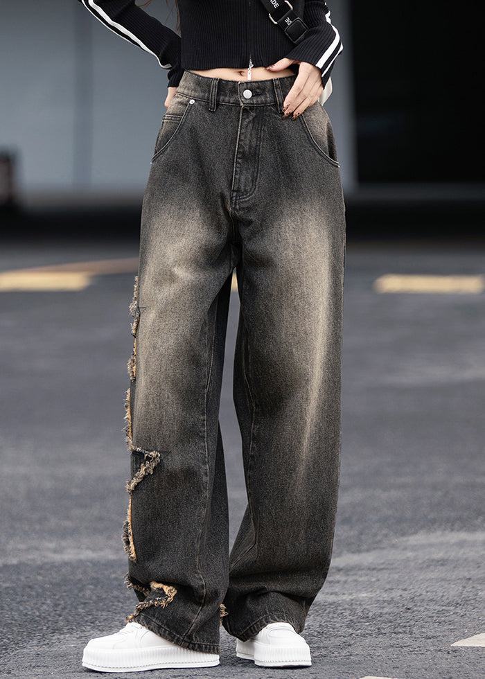 Chic Black Grey Pockets Patchwork Denim Pants Fall