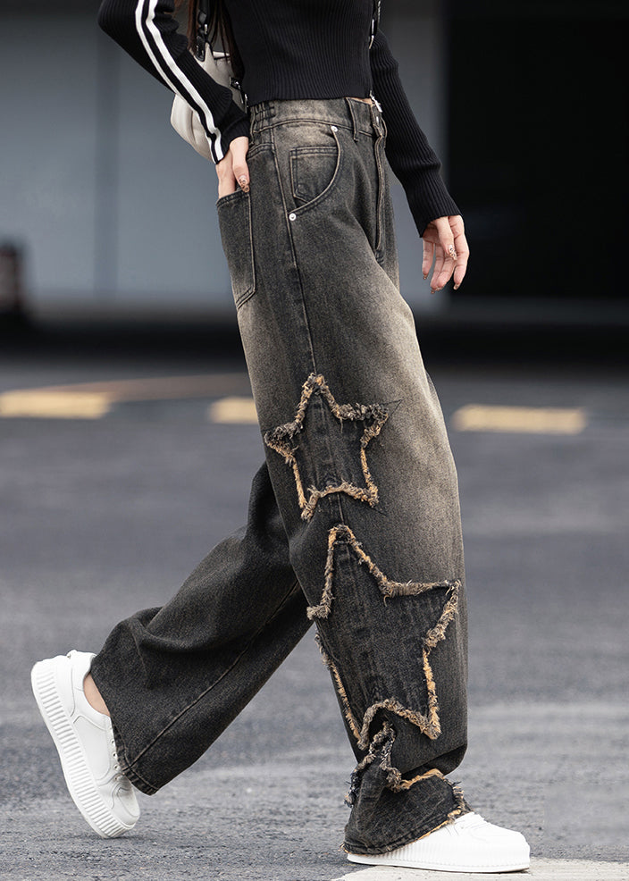 Chic Black Grey Pockets Patchwork Denim Pants Fall