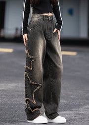 Chic Black Grey Pockets Patchwork Denim Pants Fall