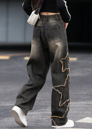 Chic Black Grey Pockets Patchwork Denim Pants Fall