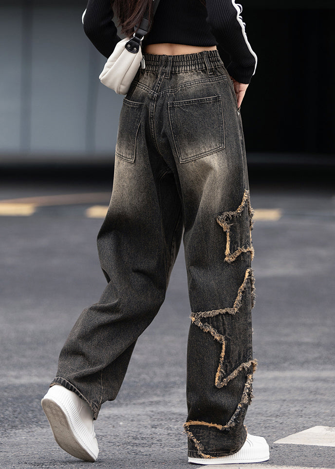 Chic Black Grey Pockets Patchwork Denim Pants Fall