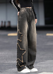Chic Black Grey Pockets Patchwork Denim Pants Fall