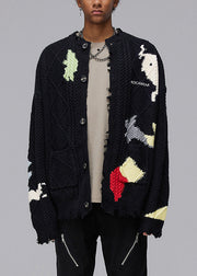 Chic Black Hole Button Pockets Knit Coats Men Spring