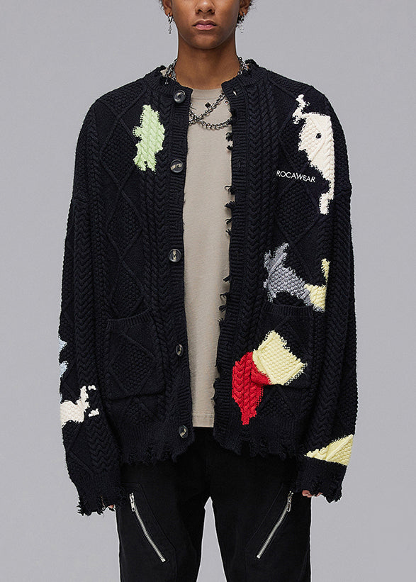 Chic Black Hole Button Pockets Knit Coats Men Spring