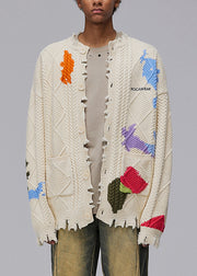 Chic Black Hole Button Pockets Knit Coats Men Spring