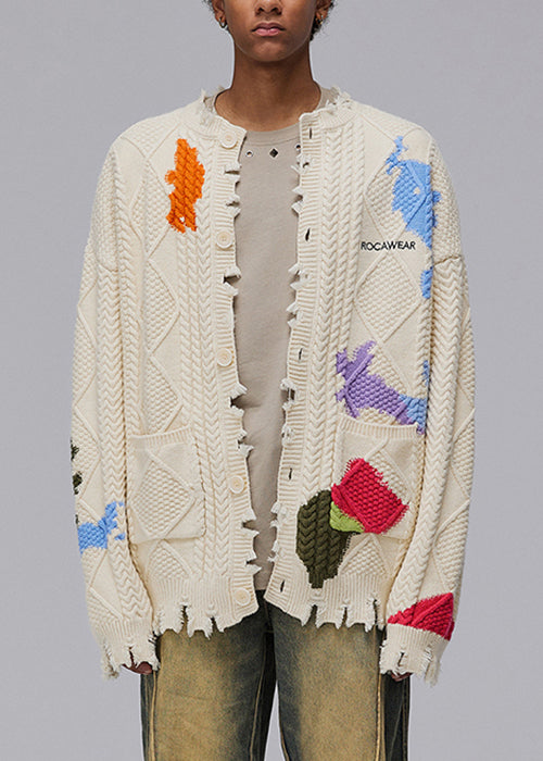 Chic Black Hole Button Pockets Knit Coats Men Spring