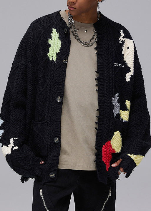 Chic Black Hole Button Pockets Knit Coats Men Spring