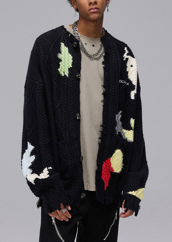 Chic Black Hole Button Pockets Knit Coats Men Spring