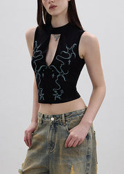 Chic Black Hollow Out Embroidered Cotton Tank Sleeveless