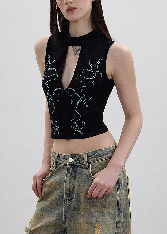Chic Black Hollow Out Embroidered Cotton Tank Sleeveless