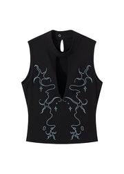 Chic Black Hollow Out Embroidered Cotton Tank Sleeveless