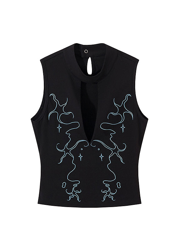 Chic Black Hollow Out Embroidered Cotton Tank Sleeveless