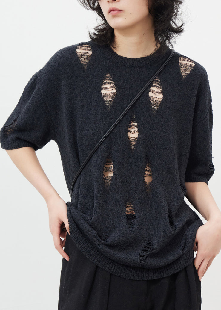 Chic Black Hollow Out Hole Ice Silk Knit Top Half Sleeve