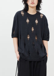 Chic Black Hollow Out Hole Ice Silk Knit Top Half Sleeve