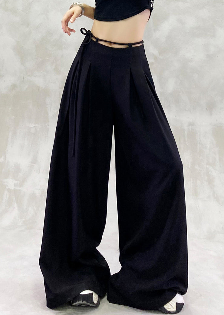 Chic Black Lace Up High Waist Spandex Wide Leg Pants Summer