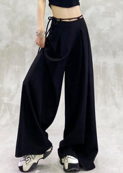 Chic Black Lace Up High Waist Spandex Wide Leg Pants Summer