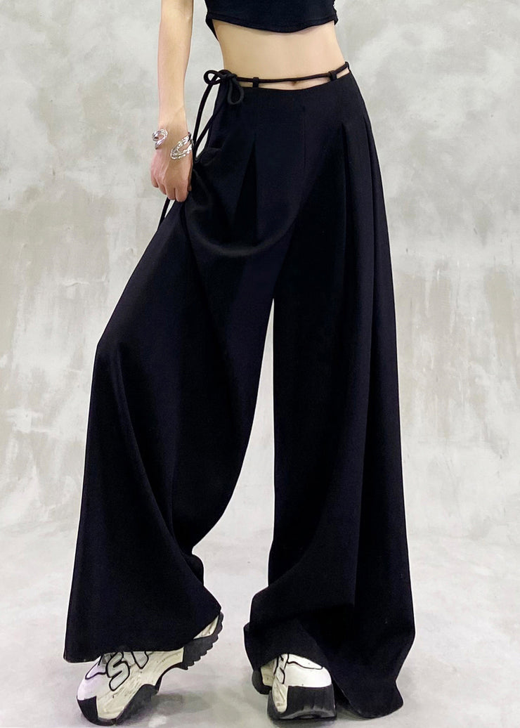 Chic Black Lace Up High Waist Spandex Wide Leg Pants Summer