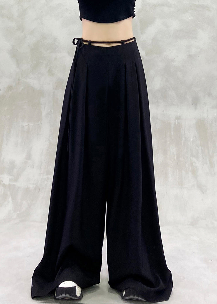 Chic Black Lace Up High Waist Spandex Wide Leg Pants Summer