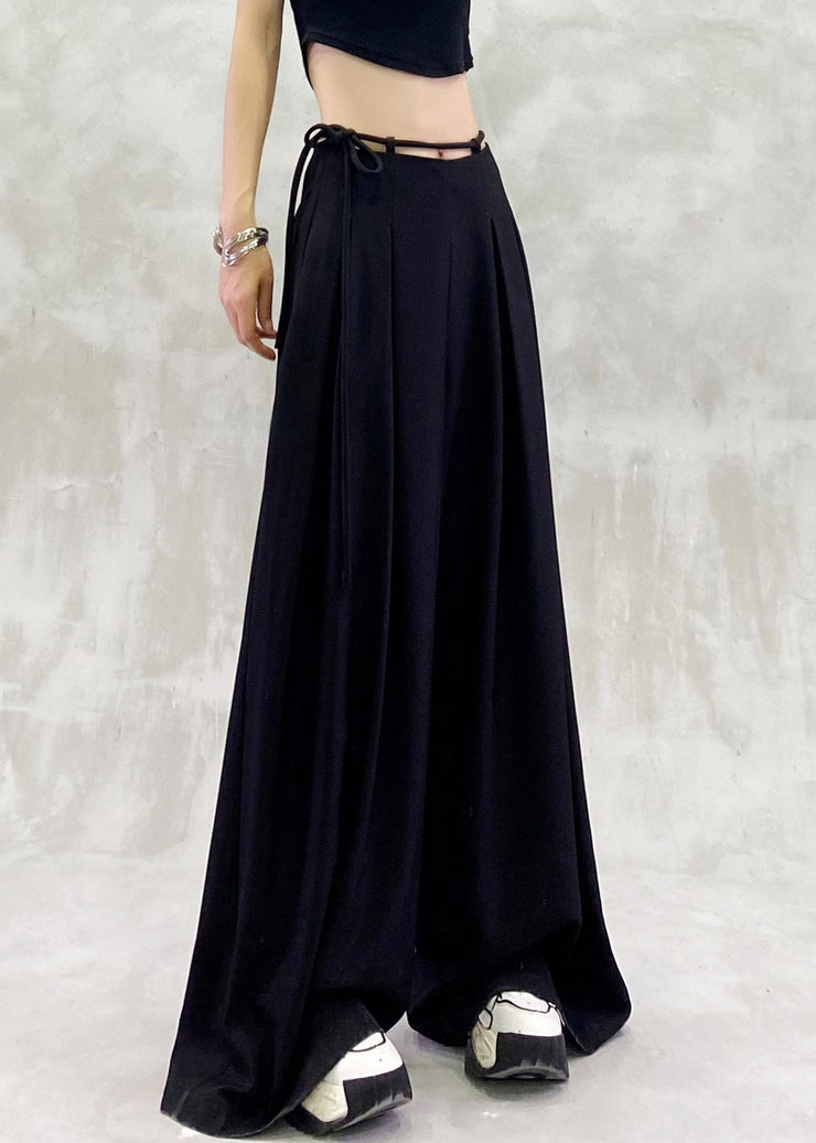 Chic Black Lace Up High Waist Spandex Wide Leg Pants Summer