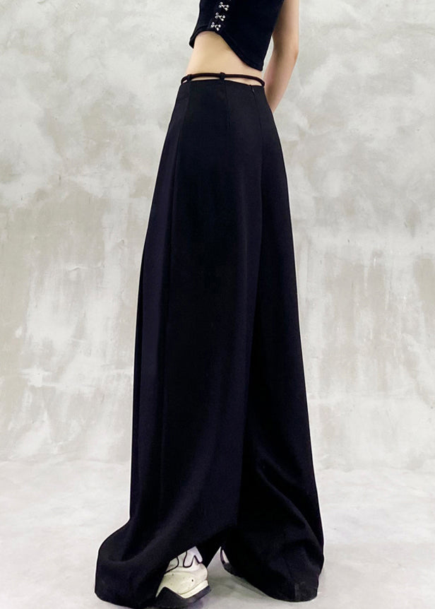 Chic Black Lace Up High Waist Spandex Wide Leg Pants Summer