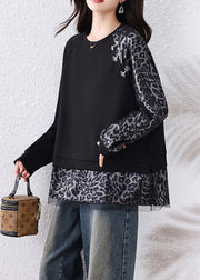 Chic Black Leopard Tulle Patchwork Cotton T Shirts Fall