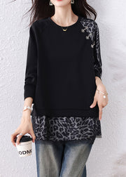 Chic Black Leopard Tulle Patchwork Cotton T Shirts Fall