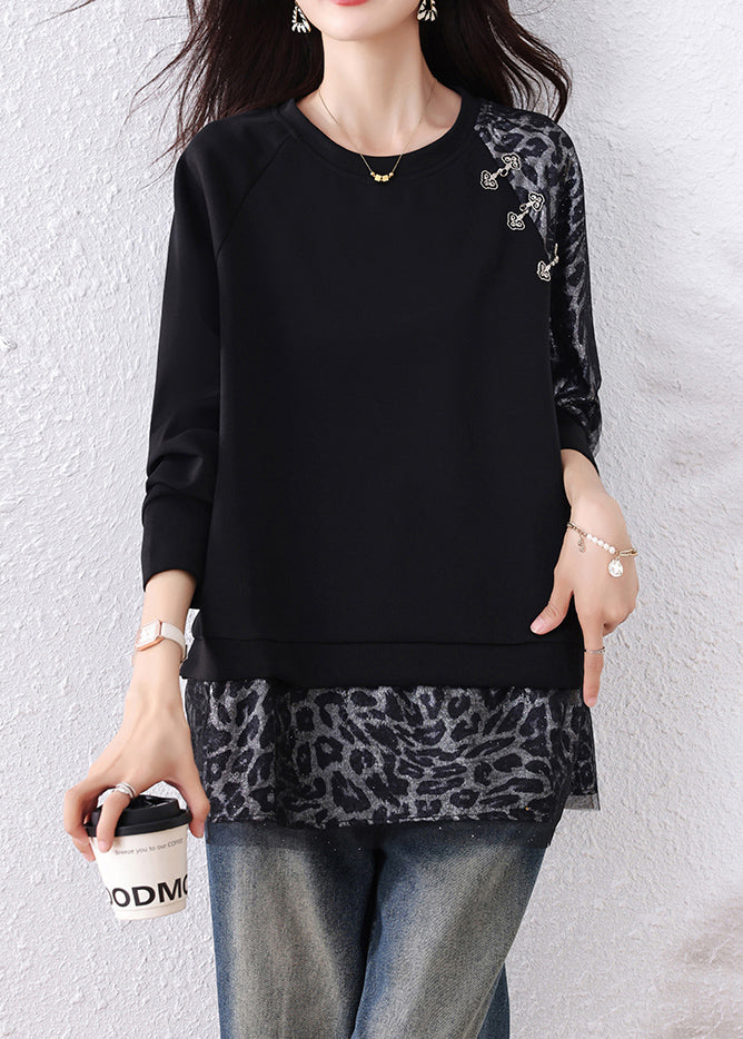 Chic Black Leopard Tulle Patchwork Cotton T Shirts Fall