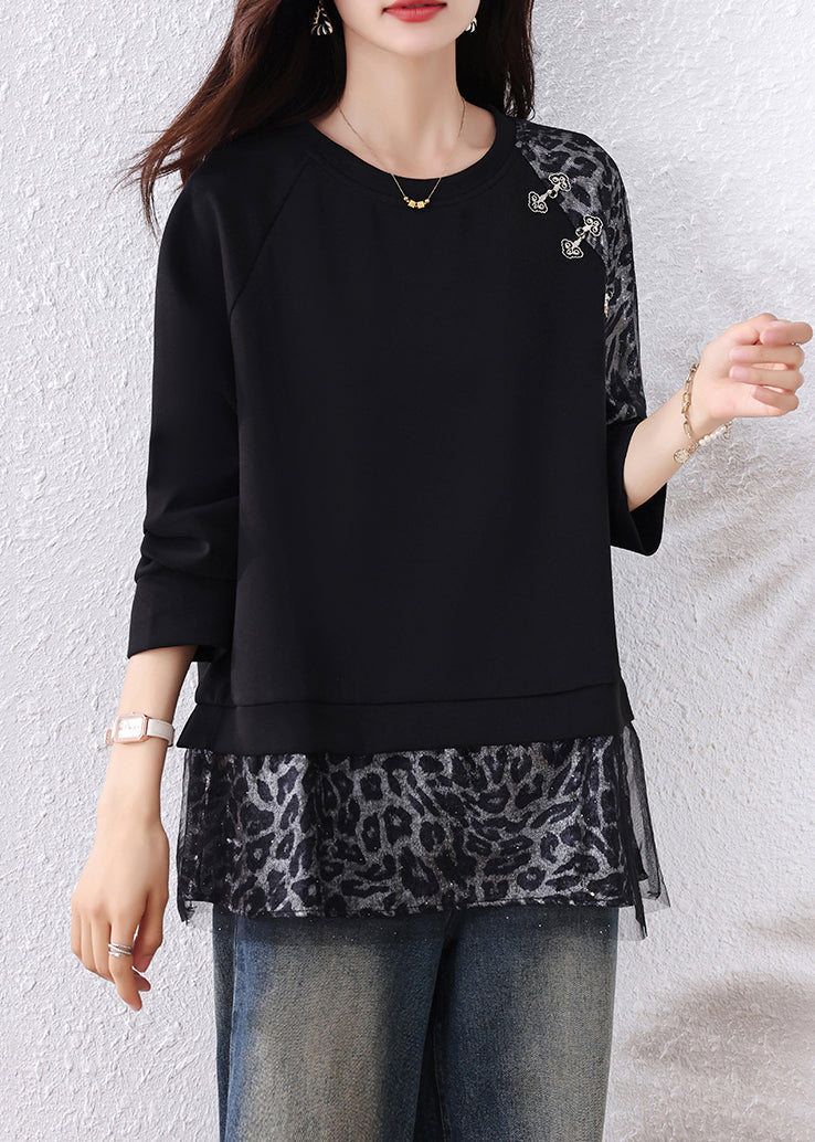 Chic Black Leopard Tulle Patchwork Cotton T Shirts Fall