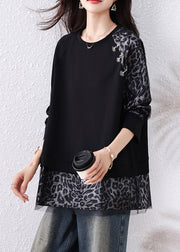 Chic Black Leopard Tulle Patchwork Cotton T Shirts Fall