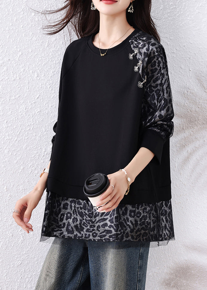 Chic Black Leopard Tulle Patchwork Cotton T Shirts Fall