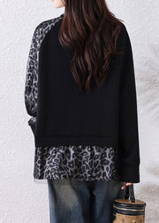 Chic Black Leopard Tulle Patchwork Cotton T Shirts Fall