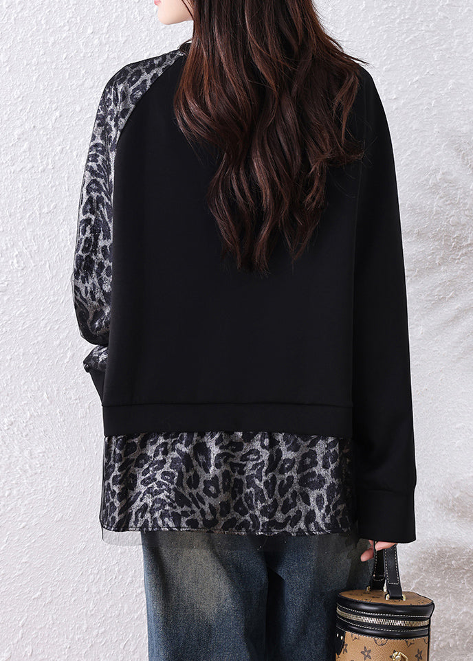 Chic Black Leopard Tulle Patchwork Cotton T Shirts Fall