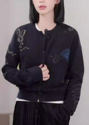 Chic Black O Neck Button Print Knit Coat Fall