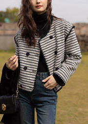 Chic Black O Neck Double Breast Patchwork Cotton Coats Fall