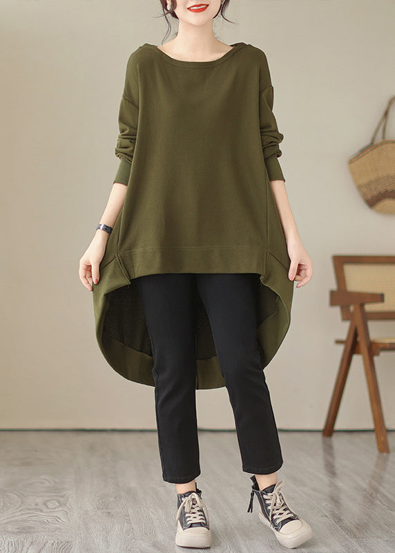 Chic Black O Neck Low High Design Cotton Tops Spring