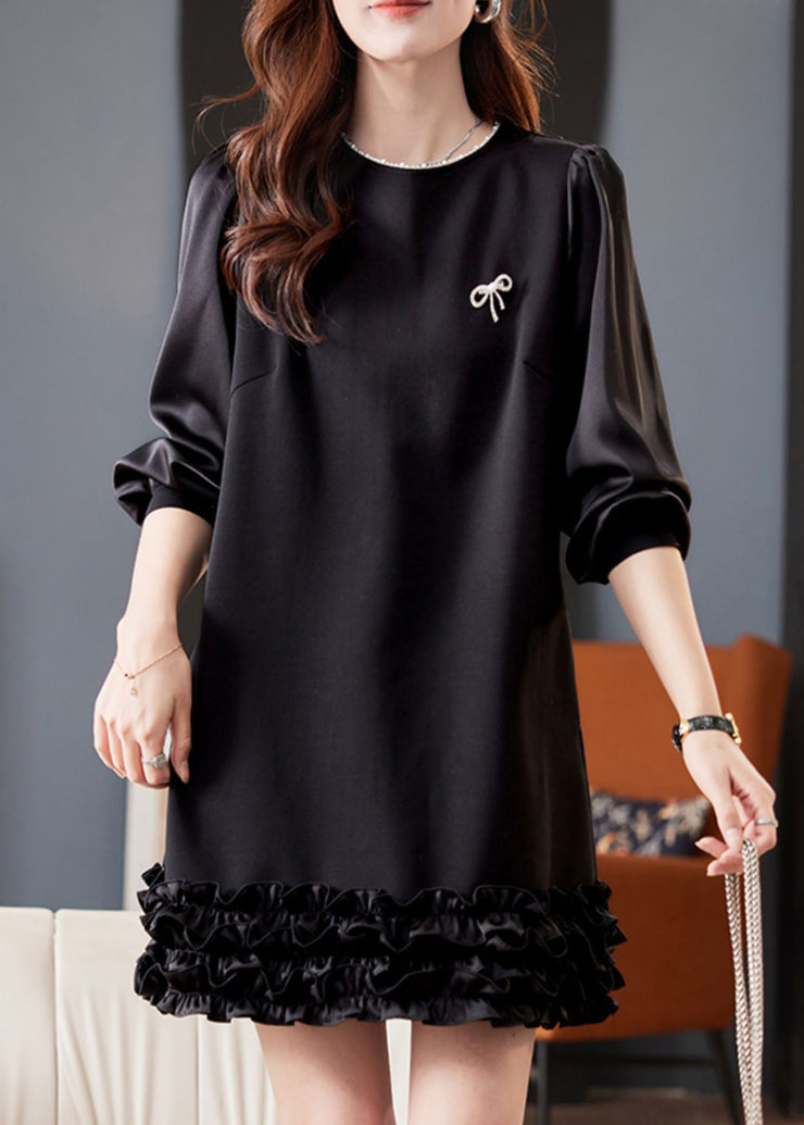 Chic Black O Neck Pearl Ruffled Cotton Mid Dress Fall