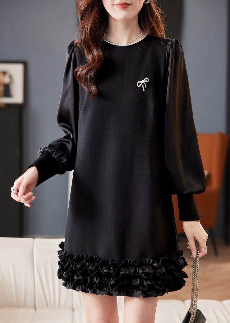 Chic Black O Neck Pearl Ruffled Cotton Mid Dress Fall