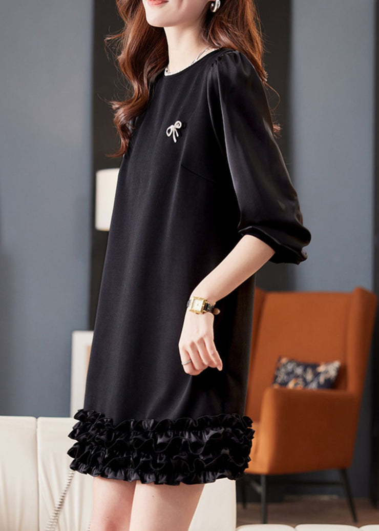 Chic Black O Neck Pearl Ruffled Cotton Mid Dress Fall